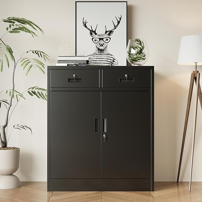 BESFUR Metal Storage Cabinet with Doors and Shelves, 36" H Locking Storage Cabinet with 2 Drawers, Black Metal Cabinets for Garage, Office, Home