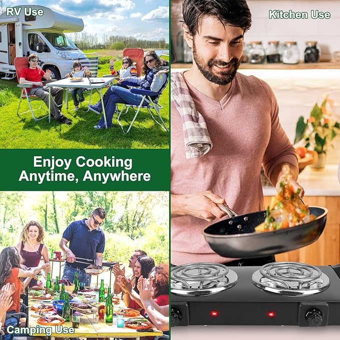 Portable Stove Electric, 2000W Double Burner Electric Cooktop with Coil Hot Plate & Stay Cool Handles, 5 Level Temperature Control, Cooking Stove for Home RV Camping