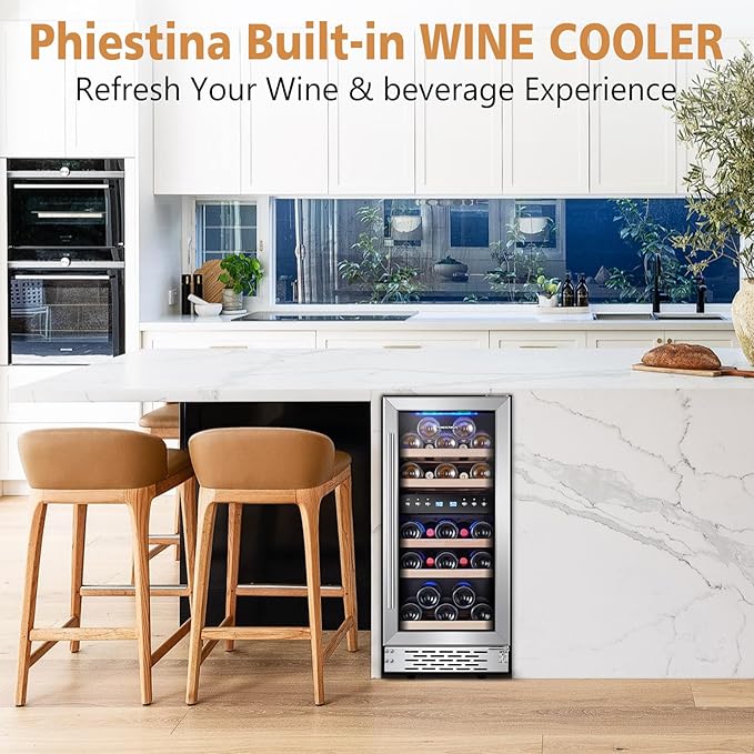 Phiestina 29 Bottles Wine Fridge, 15 Inch Dual Zone Wine Cooler Refrigerator Under Counter Cooling with Digital Memory, Auto Defrost Built-in/Freestanding