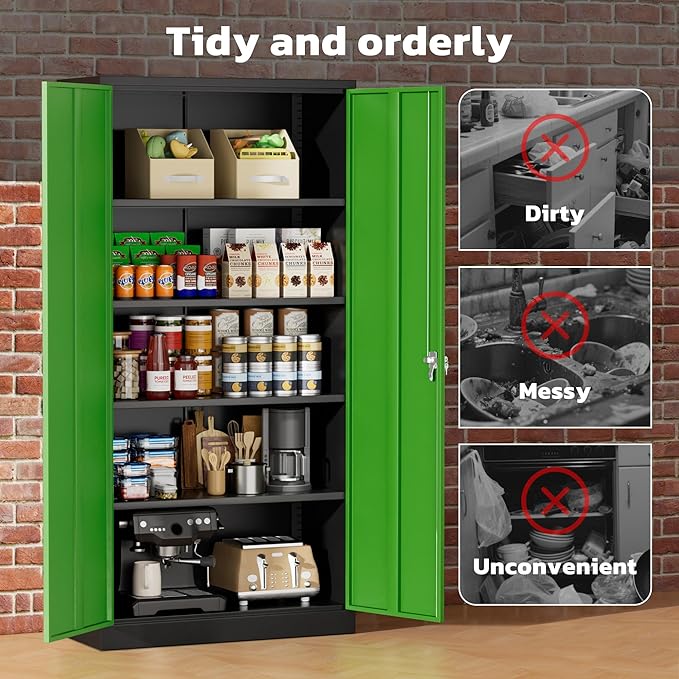 Greenvelly Metal Garage Storage Cabinet with 2 Doors and 4 Adjustable Shelves, 72" HLockable Storage Cabinet,Tall Metal Cabinet Locking File Cabinet for Office,Home, Garage, Gym, School