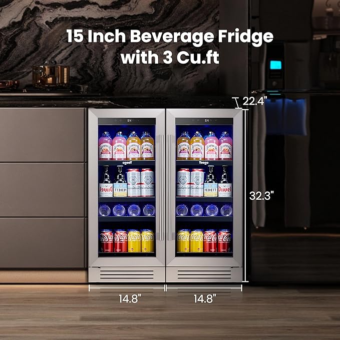 Yeego 15 inch Built-In Beverage Refrigerator (2 Pack) – Compact Drink Cooler with Glass Door, Auto Defrost Mini Wine & Beer Fridge for Cans and Bottles, Under Counter & Freestanding