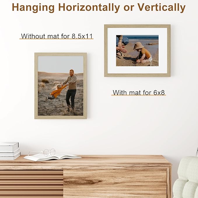 Vittanly 8.5x11 Picture Frame, Solid Wood Frame with Plexiglass, Includes 6x8 Mat, Wall Hanging or Tabletop for Photos, Home Decor, Light OAK, 1 Pack