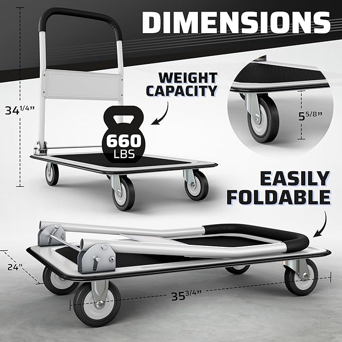 Heavy Duty Foldable Push Cart Dolly | 660 lbs. Capacity | Upgraded Collapsible Hand Truck Folding Platform with Swivel Wheels | Flat Bed Moving Wagon | Space Saving Push Handle (White)