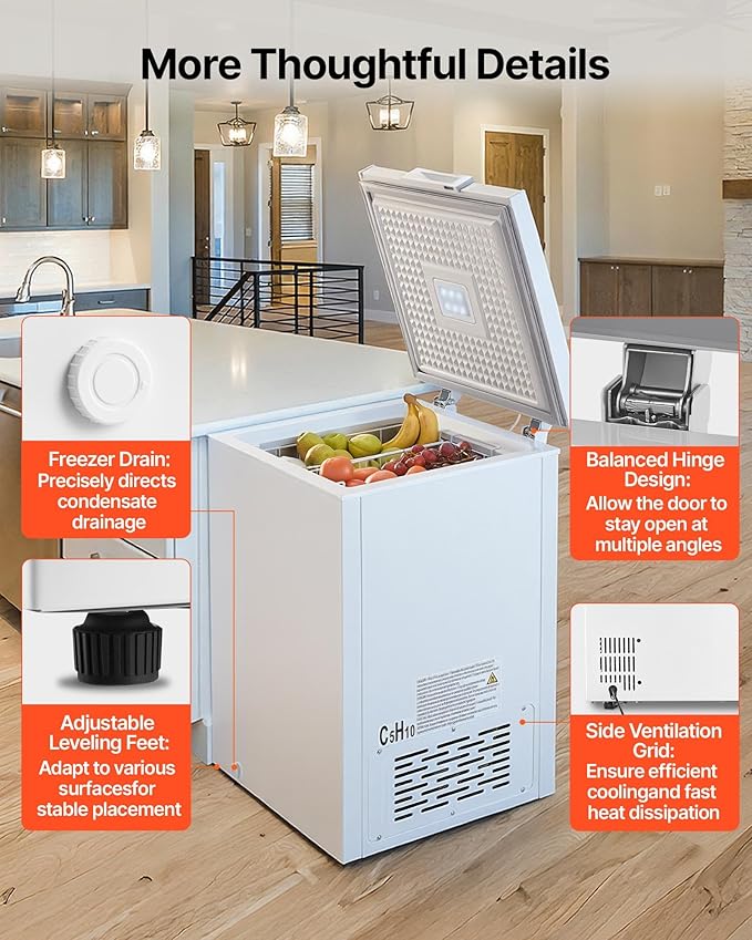 VEVOR Chest Freezer, 3.3 Cu.ft Compact Deep Freezer, Free Standing Top Open Door Chest Freezers with 2 Removable Baskets & Adjustable Thermostat - Energy Saving, Low Noise & Garage Ready, White