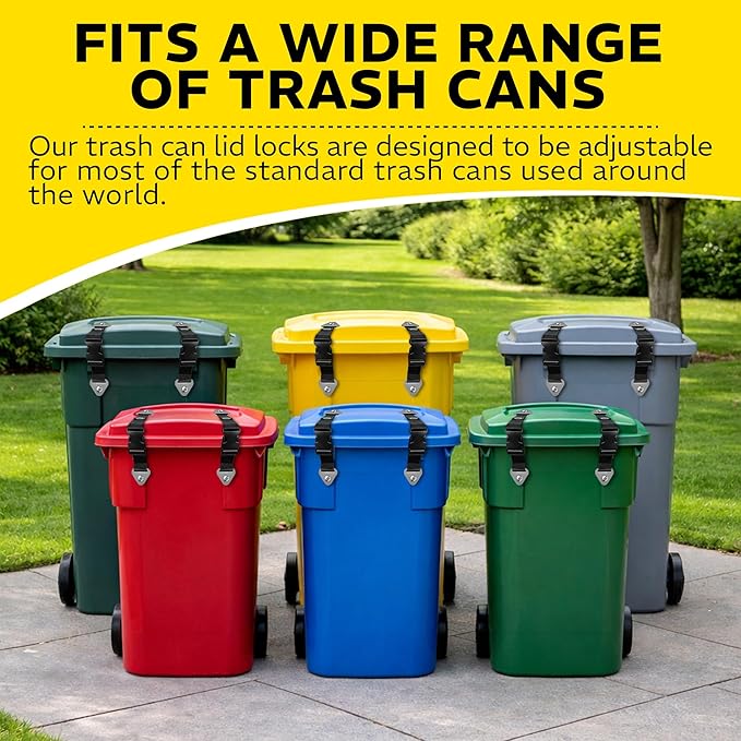 PROWL GUARD Trash Can Lid Lock – 2 Pack Animal & Raccoon Proof Trash Can Lid Straps for Outdoor Garbage Bins, Heavy Duty Adjustable Garbage Lock Clamps, Weather Resistant, Easy Install, 2 Pieces