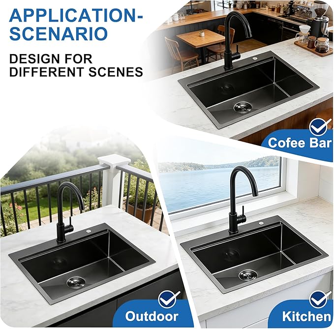 Scamall 28x22x10 Drop In Kitchen Sink Workstation, Nano Black 304 Stainless Steel Deep Single Bowl with Quick Drainage & Tarnish-Free Surface for Bar, Laundry, RV, Includes Accessories