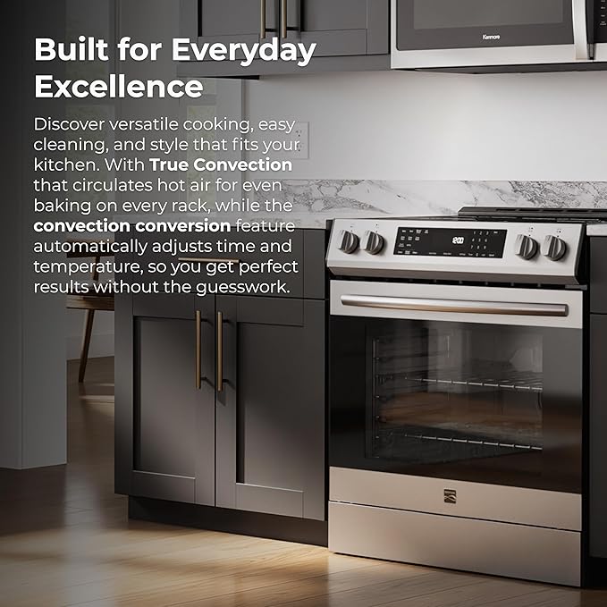 Kenmore 2296833 5.6 cu. ft. Front Control Electric Range Oven - True Convection with 5 Elements, Steam Clean Oven, Broil Function, Chrome Racks, Precision Set Controls, Large Window - Stainless Steel