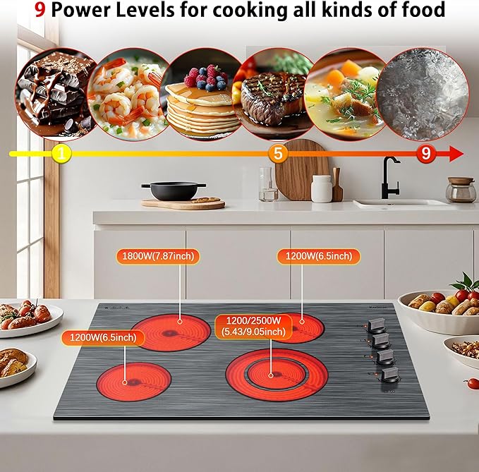Karinear Electric Cooktop 30 Inch, 4 Burners Electric Stove Knob Control, Built-in Ceramic Cooktop with Beautiful Woodgrain Pattern Glass Surface, 6700W, 220-240v Hard Wired(No Plug)