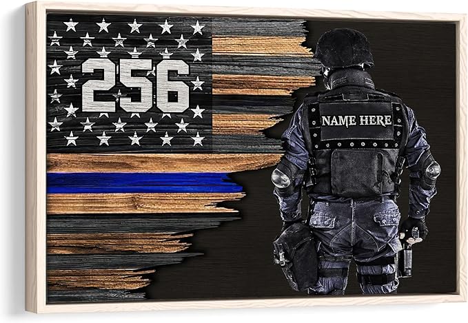 Custom Police Thin Blue Line Gifts For Policeman, First Responder Personalized Name Number Poster & Framed Canvas, Wall Art Home Office Decoration Living Room Bedroom Aesthetic Decor