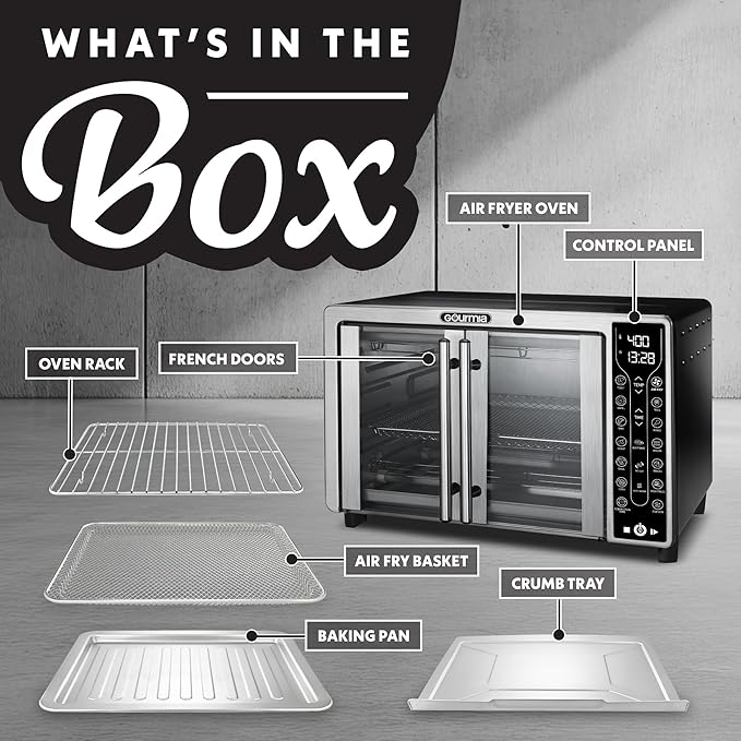 Gourmia French Door Air Fryer – 25 Qt Large Capacity Convection Oven, Fryfroce 360°, Digital Display with 17 Cooking Presets, Bake, Toast, Roast, Dehydrate, Fits 12” Pizza