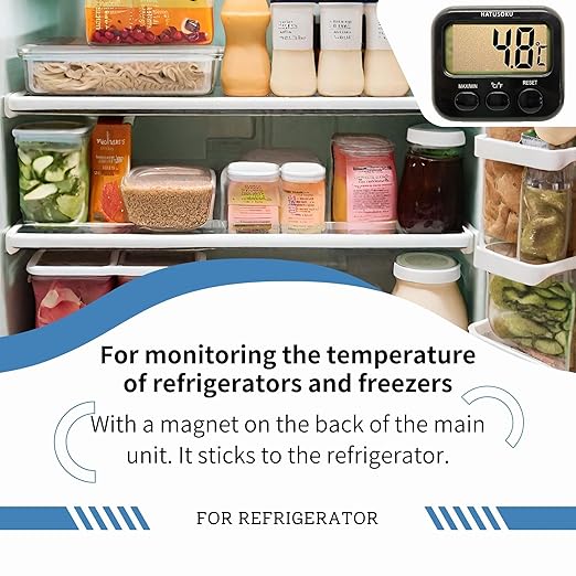 Digital Thermometer with External Sensor, Magnet, Suction Cup, Water Thermometer, Aquarium, Refrigerator, Freezer (Black)