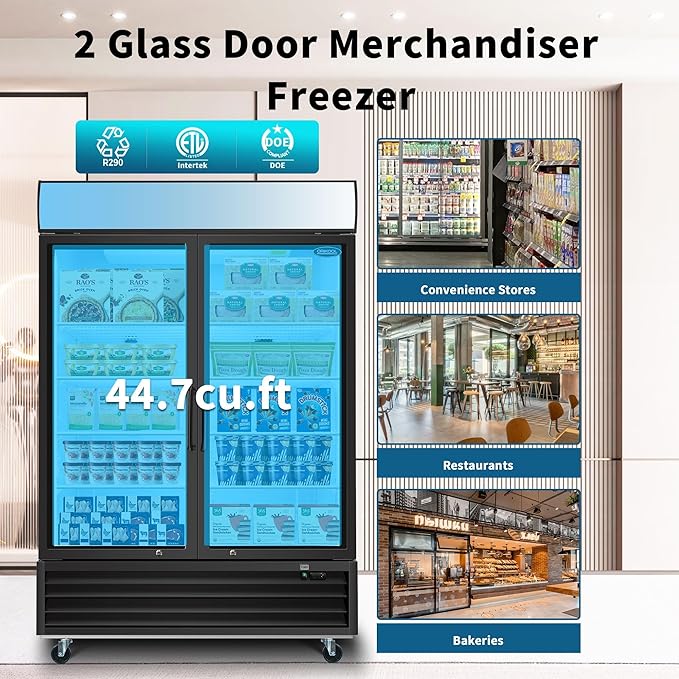 54" Commercial Upright Freezer with 2 Glass Door, 45 Cu.Ft Display Freezer Upright, -8~-1℉, Reach-in Fan Cooling Freezer with 8 Shelves & LED Top Panel for Restaurant Diner Bar, ETL Approved