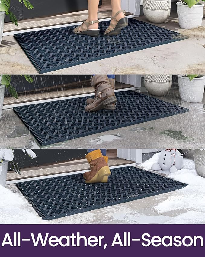DEXI Front Door Mat Outside Entrance Rubber 19x30, Welcome Floor Doormat Heavy Duty Non Slip, Dirt Trapper Waterproof Exterior Entry Mats All Weather for Patio Entryway Drainage, Blue