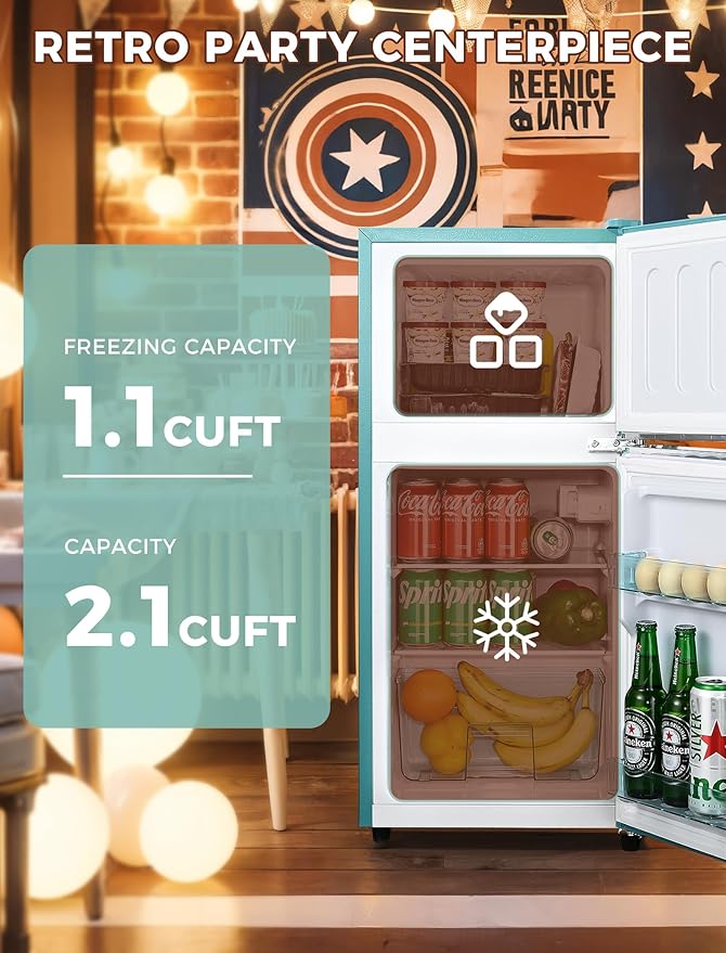 3.2 Cu.Ft Fridge with Freezer with 2 Doors, Refrigerator with 7 Level Temperatures, LED Light, Adjustable Shelves, Food Storage Cooling Drink for Bedroom, Office, Dorm, Apartment, Blue