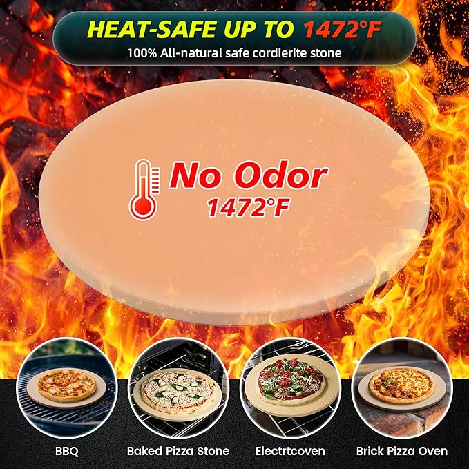 13 Inch Cordierite Pizza Stone 4-Piece Set for Oven & Grill - Round Baking Stone with Wooden Peel, Roller Cutter & Mini Cake Shovel