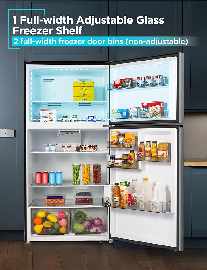BLACK+DECKER 24 Cu. Ft. Top Mount Refrigerator with Freezer, 2 Door Refrigerator with Top Freezer and Adjustable Temperature Control, Full Size Kitchen, ENERGY STAR, BR2400JS, Stainless Look
