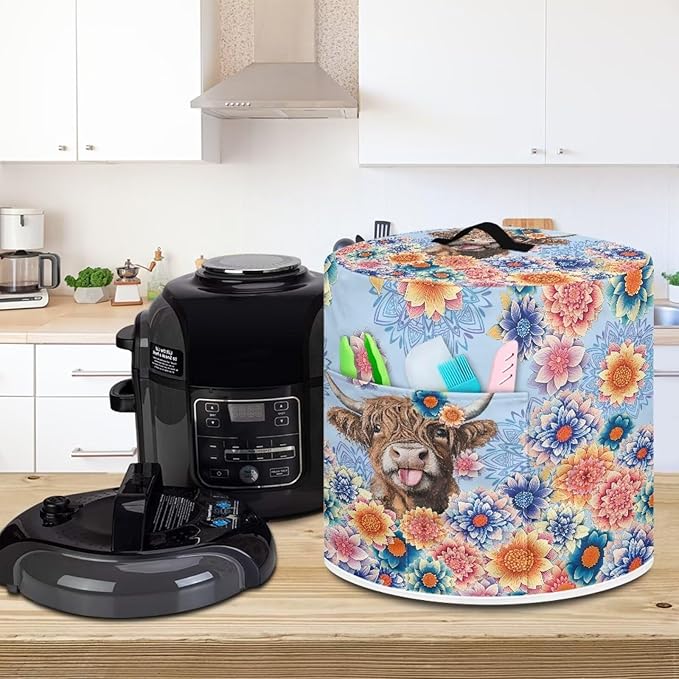 Xoenoiee Electric Pressure Cooker Cover Boho Mandala Highland Cattle Pattern Kitchen Appliance Dust Cover with Pockets, Compatible with Crock Pot, Rice Cooker, for 3 Qt Pot