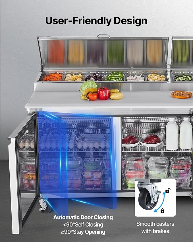 VEVOR 67"W Commercial Refrigerator, Pizza Prep Refrigerated Table, 19.3" Ultra Wide Countertop Food Prep Fridge, 20.3 Cu.Ft Single Door Salad Prep Fridge, 9 Pans Pizza Make Worktop with Cutting Board