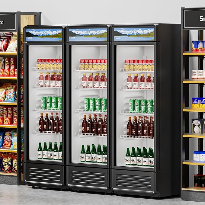 VEVOR Commercial Merchandiser Refrigerator, 13.3 CU.FT Glass Door Display Refrigerator, Beverage Cooler Merchandiser with Adjustable Shelves, Soft LED Light, Customizable Lightbox, Black