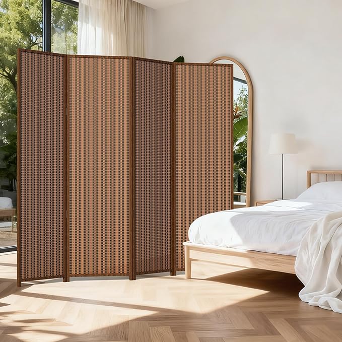 4 Panel Room Divider and Extra Wide Folding Privacy Screen, 63" W x 67" H, Bamboo Room Divider for Room Separation.