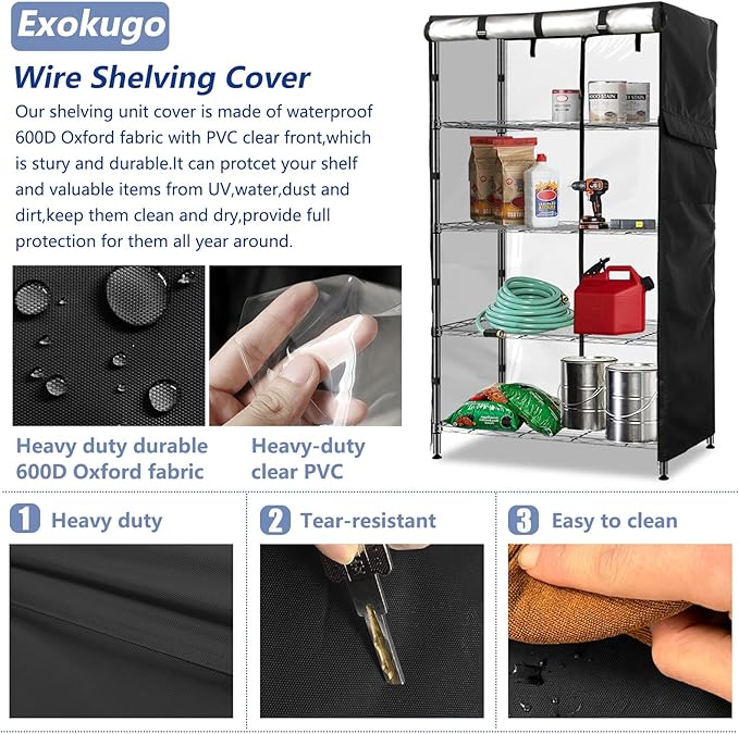 Wire Shelf Cover,600D Heavy Duty 100% Waterproof Shelf Covers for Wire Shelving,Outdoor Storage Shelves Cover for Metal Rack,48" W x 24" D x 72" H,Black with Clear Front