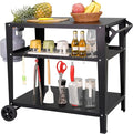 Black Outdoor Grill Cart with Wheels, Heavy-Duty 3-Tier BBQ Prep Table for Pizza Oven, Griddle, Patio – Rustproof Commercial Kitchen Cart with Tool Hooks