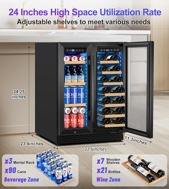 24'' Wine and Beverage Refrigerator, 4.5 Cu. Ft. Dual Zone Wine Fridge with RGB Lights French Door Intelligent Control Advanced Compressor Under Counter Cooler for Outdoor Kitchen Bar Gift Black