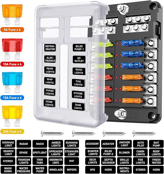 Nilight - 50056L 12 Way Blade Fuse Block 12 Circuits with Negative Bus Fuse Box Holder with LED Indicator ATO/ATC Fuse Panel Waterproof Cover for 12V Automotive Cars, Marine Boats, RVs, Trailers