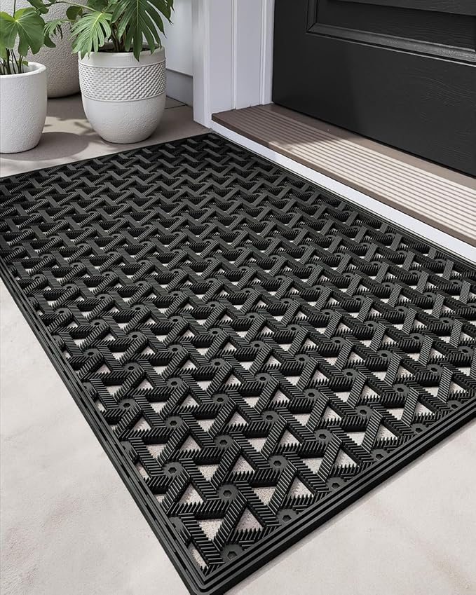 DEXI Front Door Mat Outside Entrance Rubber 24x36, Welcome Floor Doormat Heavy Duty Non Slip, Dirt Trapper Waterproof Exterior Entry Mats All Weather for Patio Entryway Drainage, Black