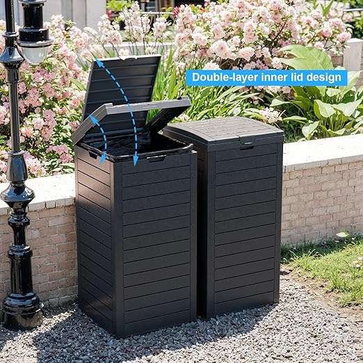 Outdoor Trash Can with Lid, Outdoor Trash Bin & Pull-Out Liquid Drawer, Dual Lid Closure Design, Waterproof Resin Garbage Can Container for Patio, Backyard, Deck (Black, 38Gallon)