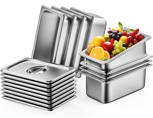 8 Pack Hotel Pans with Lids, 1/3 Size 6" Deep Stainless Steel Steam Table Pan 22 Gauge Anti Jam Commercial Food Pans for Hotel, Party, Buffet, Catering Supplies