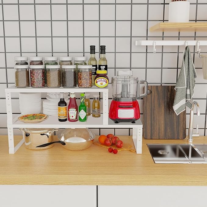 Expandable Cabinet Shelf Organizer Storage Spice Rack Shelves for Kitchen Stackable Adjustable Pantry Cupboard Bathroom Countertop Desktop(2Packs/White/Large)