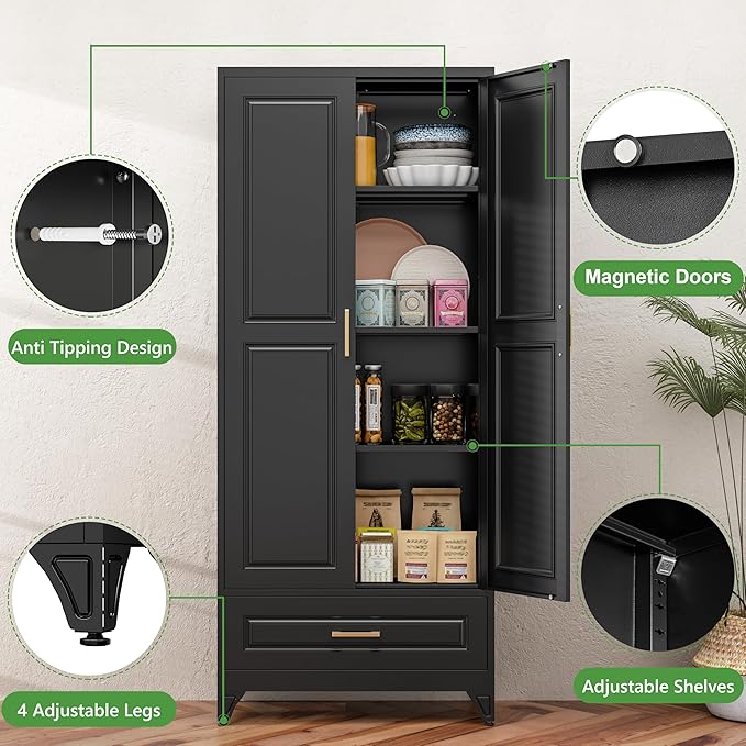 75” Kitchen Pantry Storage Cabinet,Metal Tall Storage Cabinet with Drawers and Adjustable Shelves,Modern Kitchen Hutch Cabinets,Freestanding Cupboard for Living Room