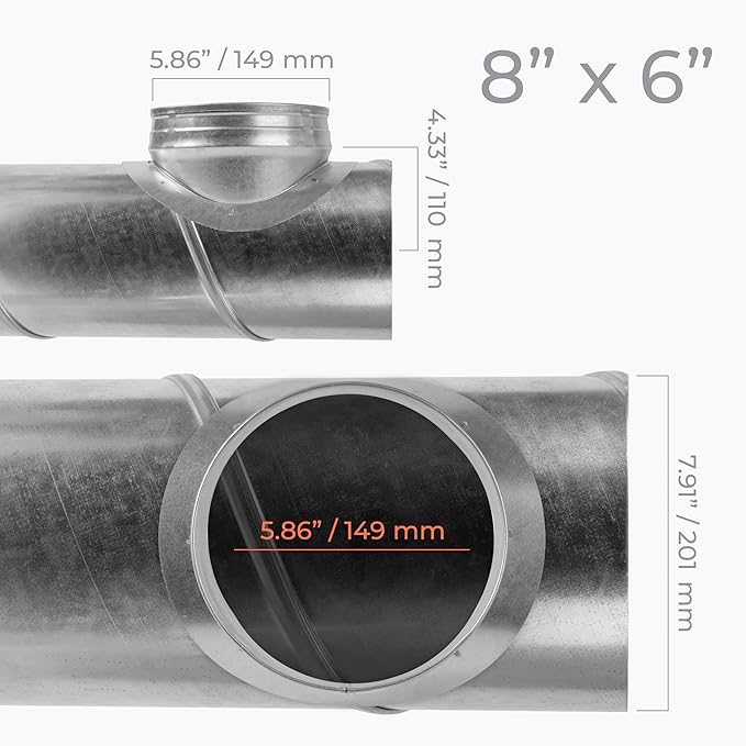 Saddle Take Off – Round 90 Degree Splitter for 8" Inch Duct with 6" Inch Outlet Branch Extension - Galvanized steel Duct Connection Adapter - Collar for Air Intake/Exhaust Duct Work