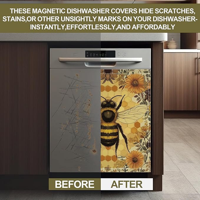 Animal Bee Dishwasher Magnets Decorative Cover,Beehive Floral Magnet Fridge Panel Decal for Home Kitchen Decor,23x26 in