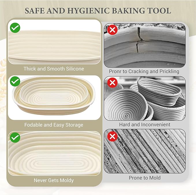 Premium Foldable Silicone Sourdough Banneton Bread Proofing Basket - Includes Oval & Round proofing Bowls (9.5 Inch) - Oven & Dishwasher Safe, Gifts for Artisan Bakers - Beige