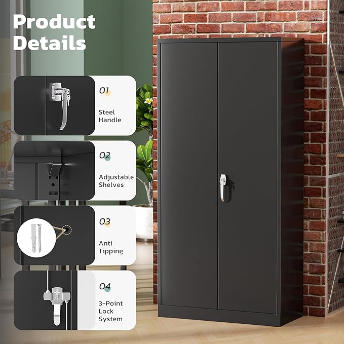 Greenvelly Metal Garage Storage Cabinet with 2 Doors and 4 Adjustable Shelves, 72”H Steel Lockable Storage Cabinet,Tall Metal Cabinet Locking File Cabinet for Office,Home, Garage, Gym, School