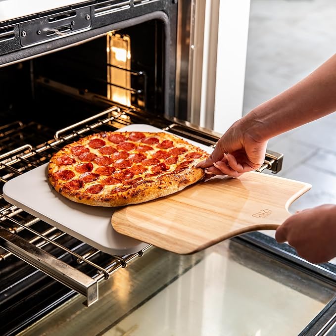 Cuzi Gourmet 3-Piece Pizza Stone Set - 15x12" Thermal Shock Resistant Cordierite Pizza Stone, 15x12" Natural Wood Pizza Peel & Pizza Cutter - Pizza Stone for Grill and Oven