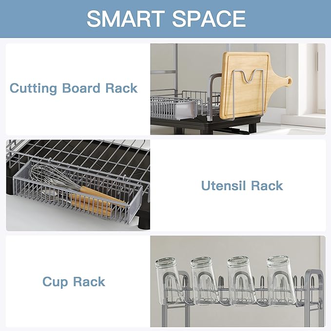 2 Tier Gray Large Capacity Dish Drainers Drying Rack for Kitchen Counter, Metal Stainless Steel Rust Proof Plate Strainers Holder On Countertop with Drainboard Tray, Space Saving, Aesthetic Modern