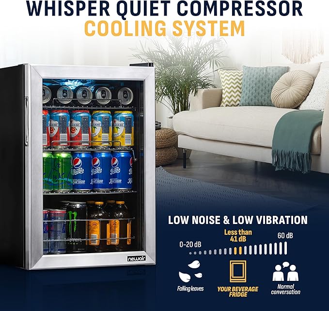 NewAir 90 Can Beverage Refrigerator | 17” Freestanding Small Mini Fridge for Bedroom, Home Bar or Office | Quiet Compressor Cooling & Adjustable Shelves | Stainless Steel