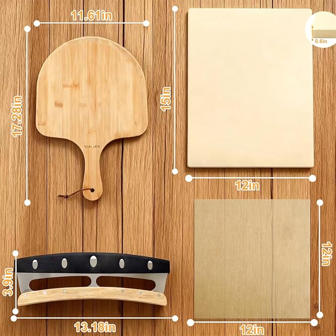 Rectangular Pizza Stone Kits 4PCS 12"x15",Cordierite Baking Stone for Grill & Oven,Cutter Rocker Stainless Steel &10pcs Cooking Paper and Peel Paddle-Durable and Pizza Oven Accessories