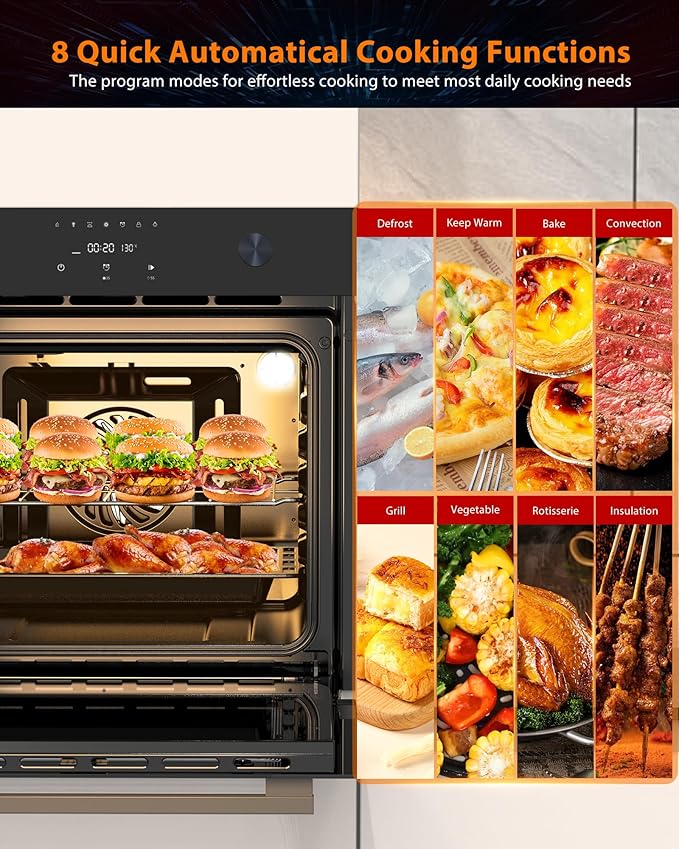 24 Inch Built-in Electric Single Wall Oven,2.5Cu.ft. Stainless Steel Convection Oven with 8 Cooking Functions, Touch Control, Timer, Convection Fan and Safety Lock, 3000W, Black