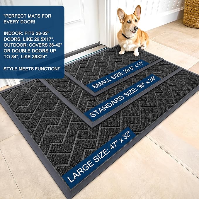 OLANLY Front Door Mat Indoor Outdoor Entrance, Waterproof All-Season, All-Weather Doormat, Sturdy Natural Rubber, Low Profile, Easy Clean Patio Porch Entryway Mat, Herringbone Brick (Black, 47x32)