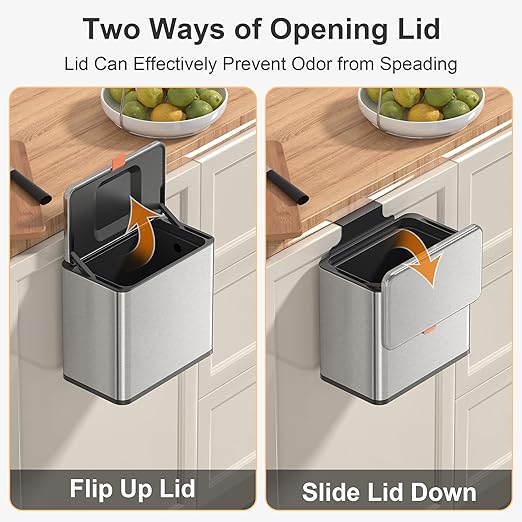 Mbillion Kitchen Compost Bin Hanging Trash Can with Lid 1.05 Gallon Stainless Steel Garbage Can for Kitchen Cabinet Door Mounted Trash Can Under Sink Door RV Bathroom,Silver