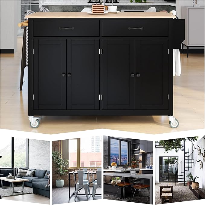 Favfurish Kitchen Island Cart on Locking Wheels with 4 Cabinet and 2 Drawers, Rolling Coffee Bar Trolley w/Solid Wood Tabletop, Adjustable Shelves, Spice & Towel Side Rack, for Dining Room, Black