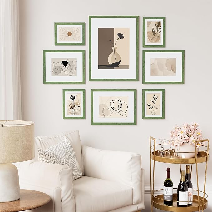 Vittanly 8x10 Picture Frame Set of 2, Solid Wood Frame for Wall or Tabletop, Display Photo 5x7 with Mat or 8x10 without Mat, Rustic Green