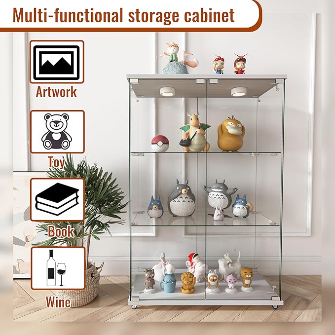 Yoluckea 3-Shelf Glass Display Cabinet with LED Lights, 2-Door Floor Standing Curio Cabinet with Universal Wheel for Home or Office, White Glass Bookshelf for Collections, Decor, and Corner Display