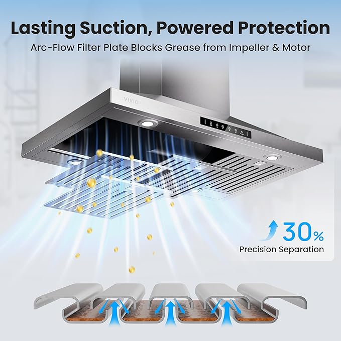 36In Island Range Hood, 390 CFM Stainless Steel Ducted Island Mount Range Hood, kitchen island vent hood with 3-Speed Fan, Touch/Gesture, 3 Stainless Steel Baffle Filters, Ceiling Mount