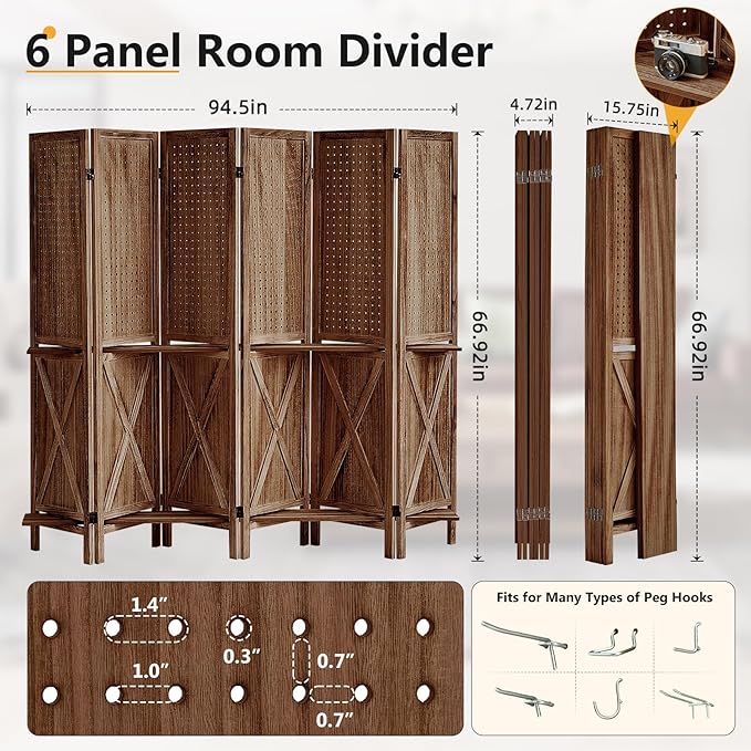 6 Panel Pegboard Display with Shelf, Wooden Pegboard Room Divider Wall with 24 Hooks, Partition Room Dividers and Folding Privacy Screens, Bedroom, Jewelry Store, Brown