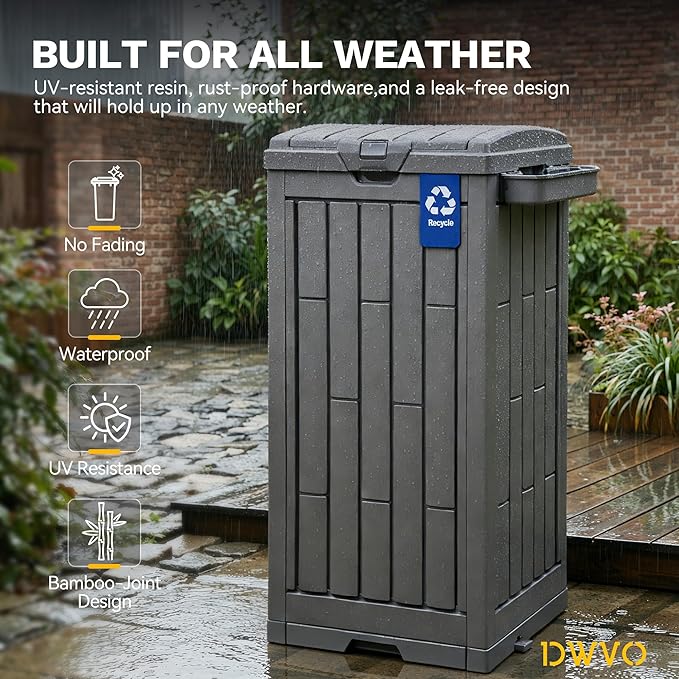 DWVO 38 Gallon Outdoor Trash Can, Resin Garbage Bin with Lid, Includes 2 Sorting Labels, Ash Holder, Stakes & Suction Cups, Hideaway Storage for Patio Backyard Garden, Light Brown